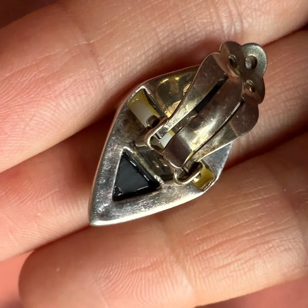 Vintage Art Deco Sterling silver Onyx Mother of Pearl and Marcasite Clip-on Earr